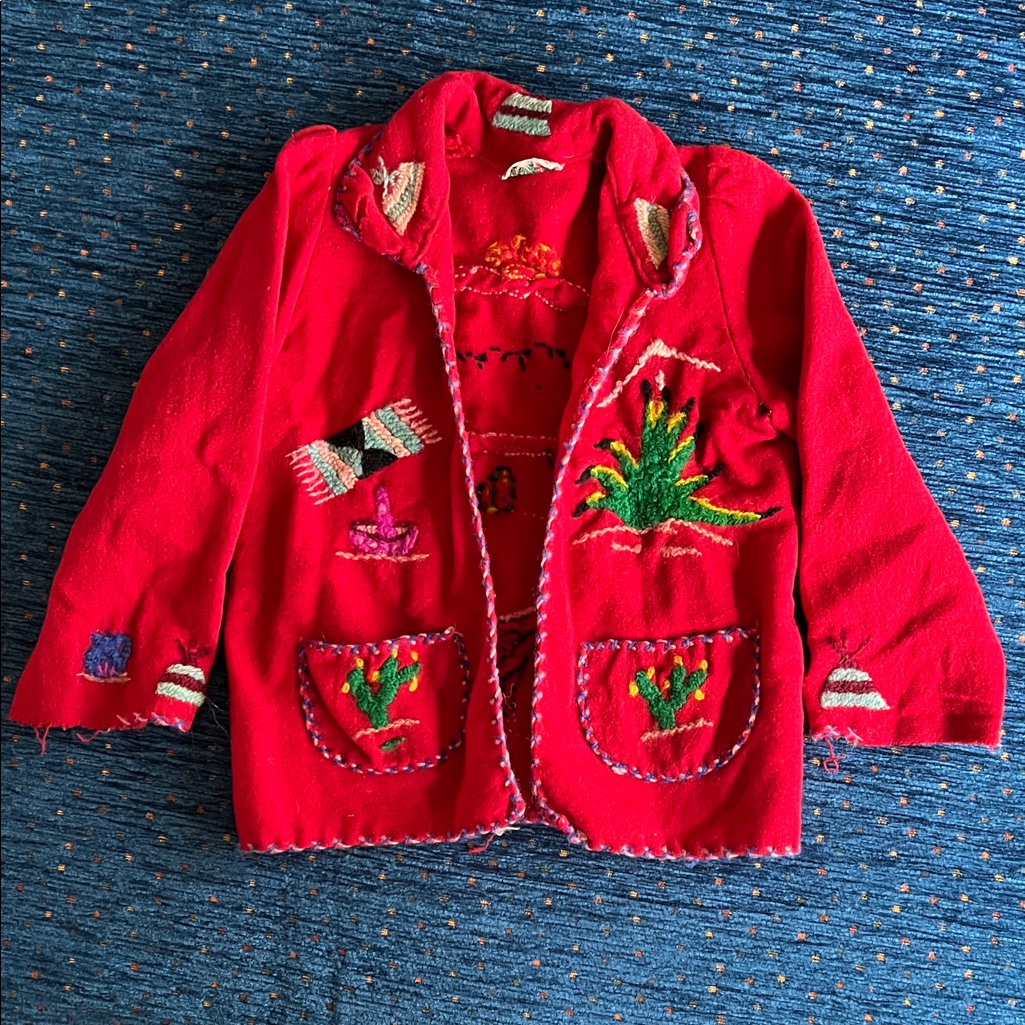 Vintage Lopez Brand 100 Wool Red Kids Blazer With Wool Embroidery